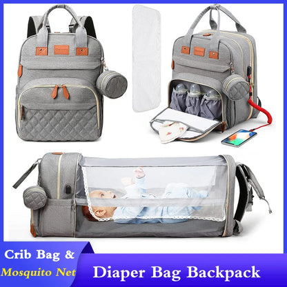 Foldable baby bed integrated into a stylish unisex diaper bag, perfect for newborn essentials and travel