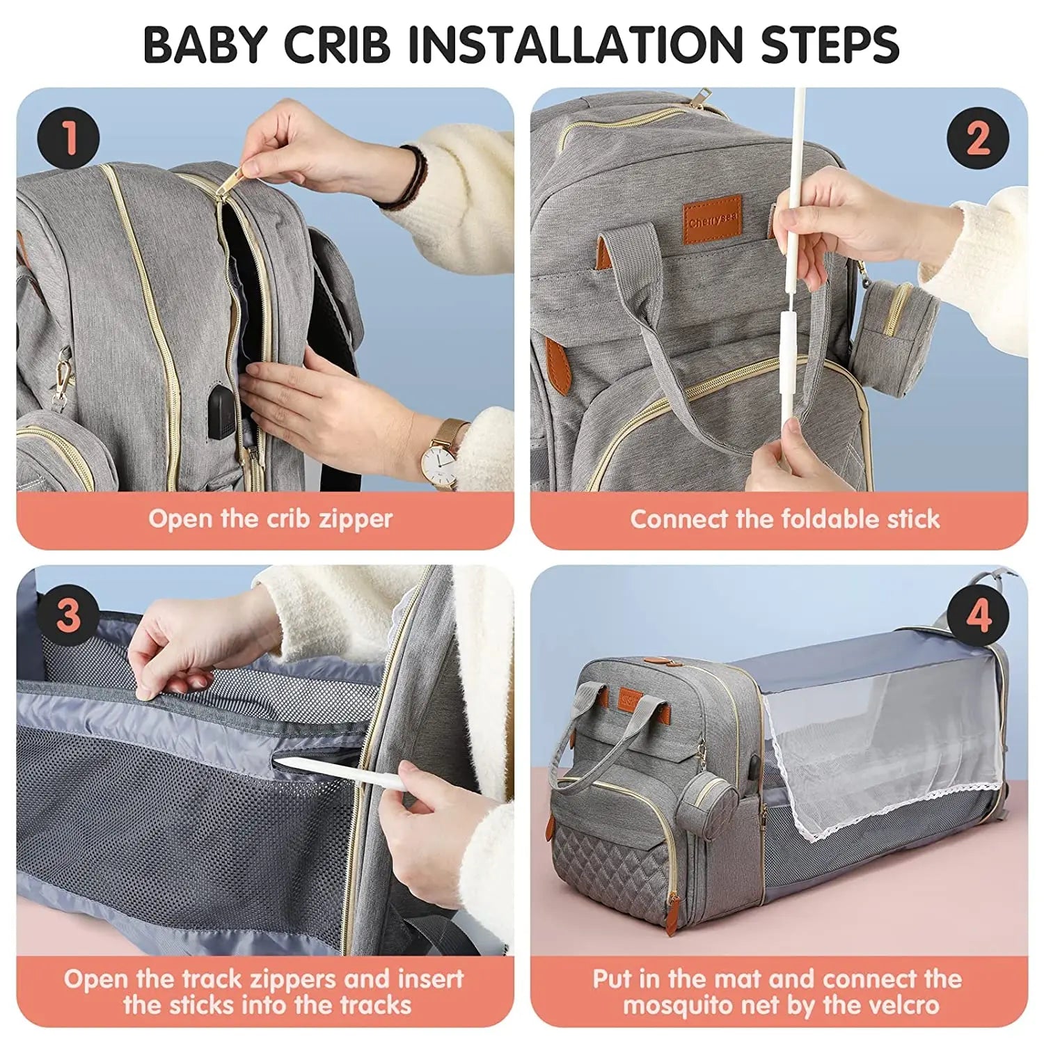 Multifunctional diaper backpack with a built-in portable crib, shown with storage pockets for baby gear