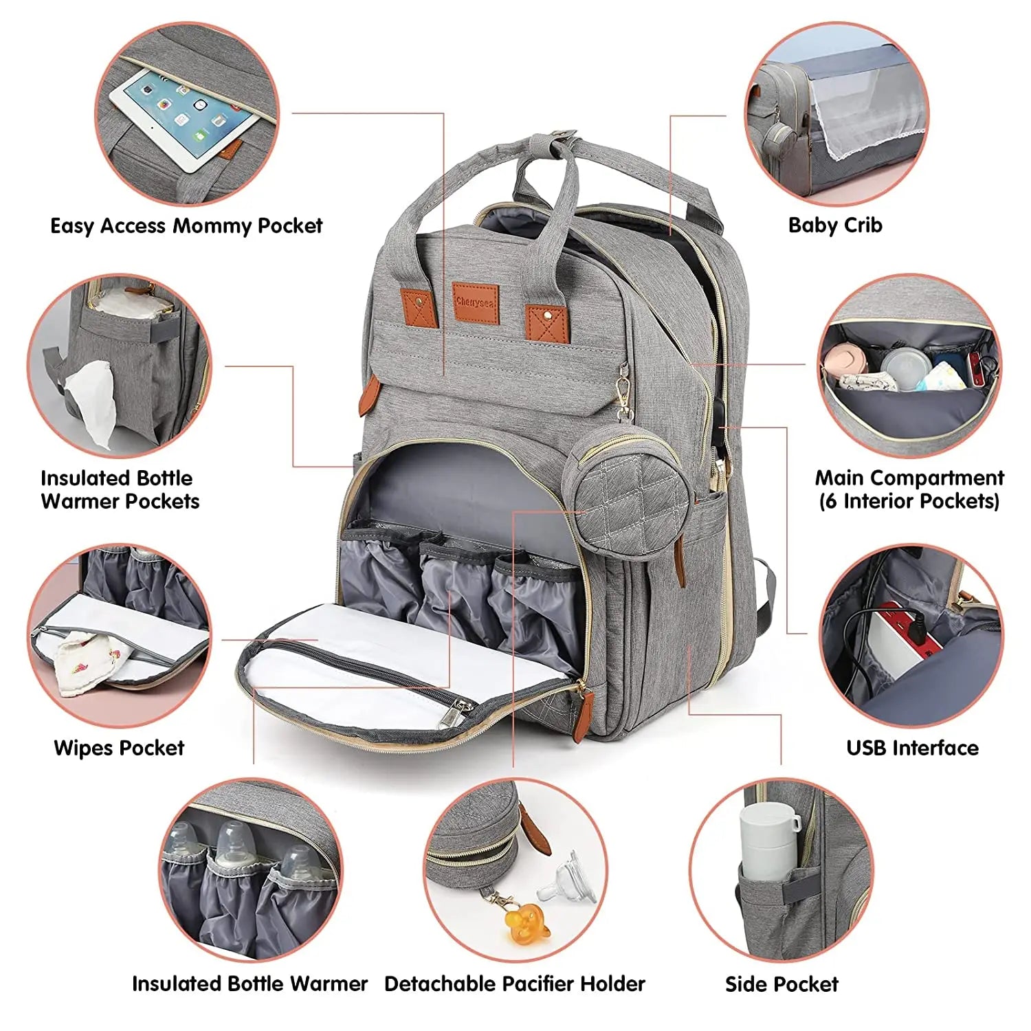 Waterproof diaper bag backpack transforming into a baby bed, featuring USB charging port and spacious interior