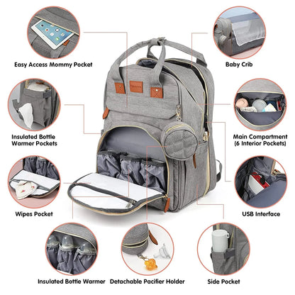 Waterproof diaper bag backpack transforming into a baby bed, featuring USB charging port and spacious interior
