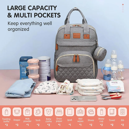 Mom bag backpack with an expandable foldable baby bed feature, suitable for parenting and outdoor adventures