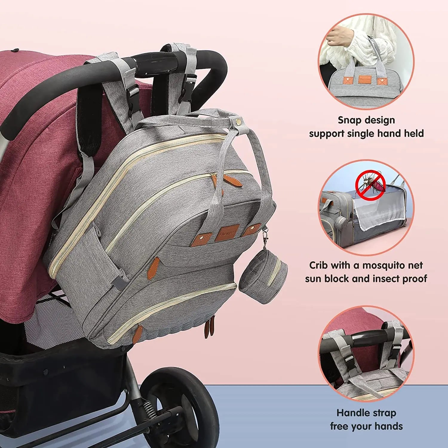 Diaper bag backpack in a soft fabric with an easily deployable baby bed, for convenient baby care anywhere