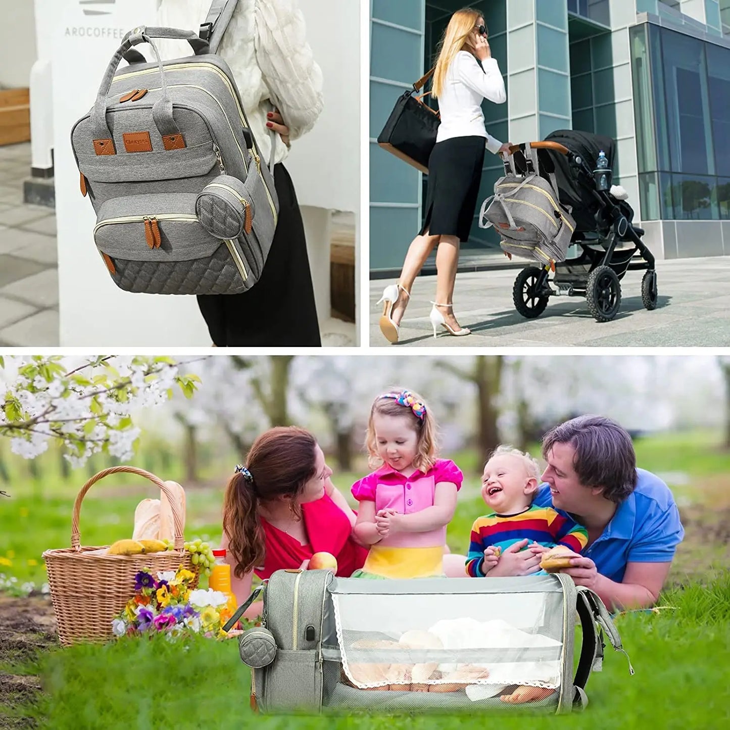Gray unisex baby travel backpack with a hidden foldable bed, combining practicality and modern design