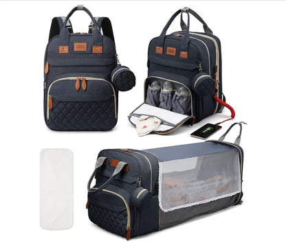 Convenient diaper bag backpack with a zip-down baby bed area, showcasing its versatility for infants