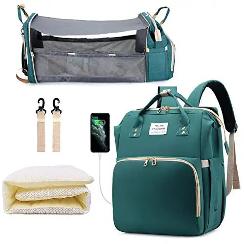 Portable crib feature of a diaper backpack, illustrating comfort for baby's naps while traveling or out
