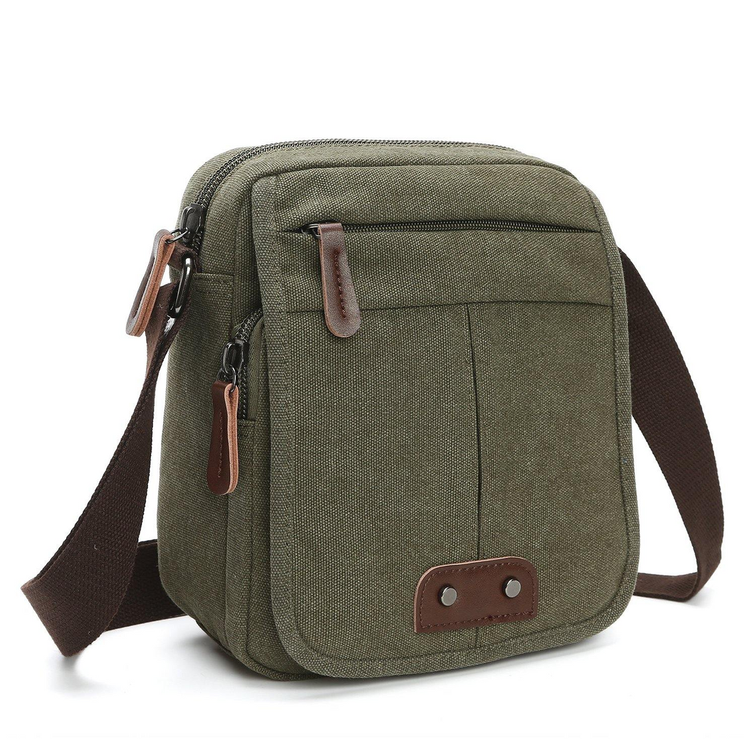 Unisex green canvas crossbody bag with multiple pockets & adjustable strap for organized everyday essentials.