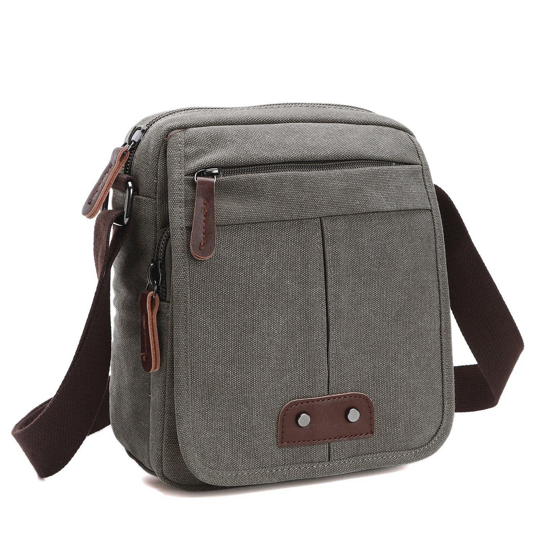 Stylish gray canvas utility bag, unisex design with adjustable strap, ample storage for everyday carry.
