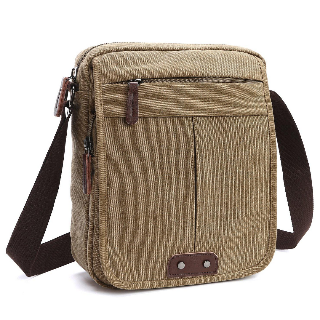 Khaki canvas travel crossbody bag with multiple compartments for organized essentials, adjustable strap.