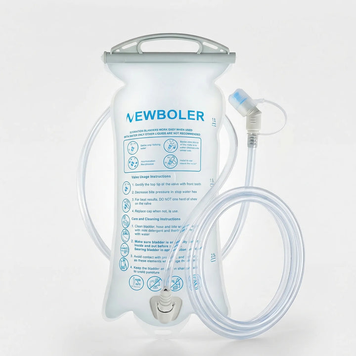 Close-up of a hands-free hydration bladder's quick-disconnect hose. BPA-free outdoor gear for active users.
