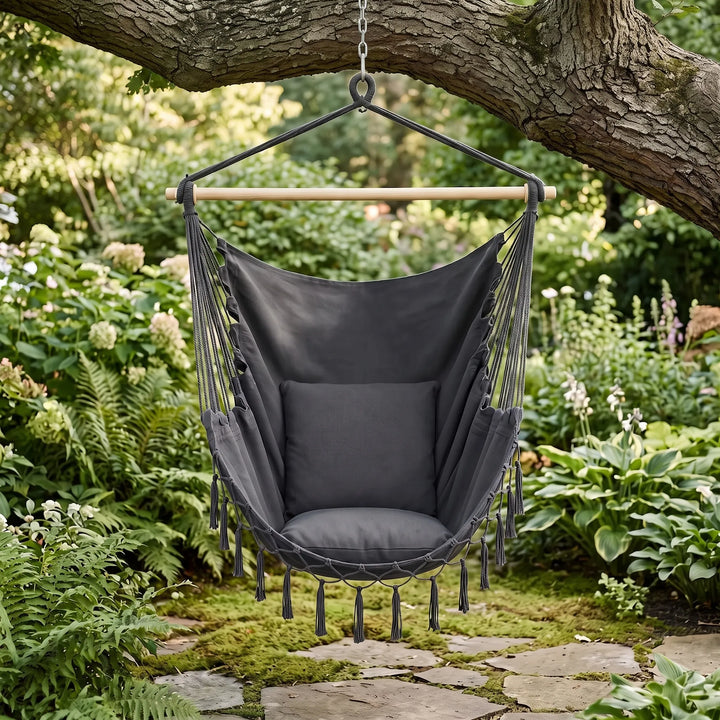 Unisex hanging hammock chair swing for ultimate relaxation. Comfortable indoor/outdoor seating.