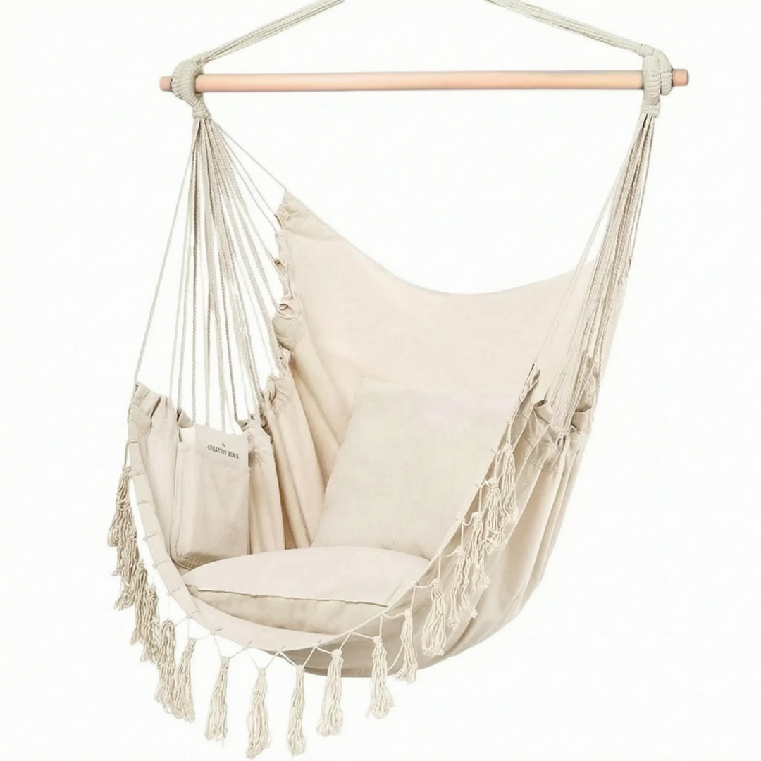 Comfortable hanging hammock chair swing, ideal for creating a relaxing indoor or outdoor cozy nook.