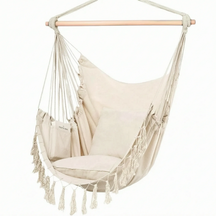 Comfortable hanging hammock chair swing, ideal for creating a relaxing indoor or outdoor cozy nook.
