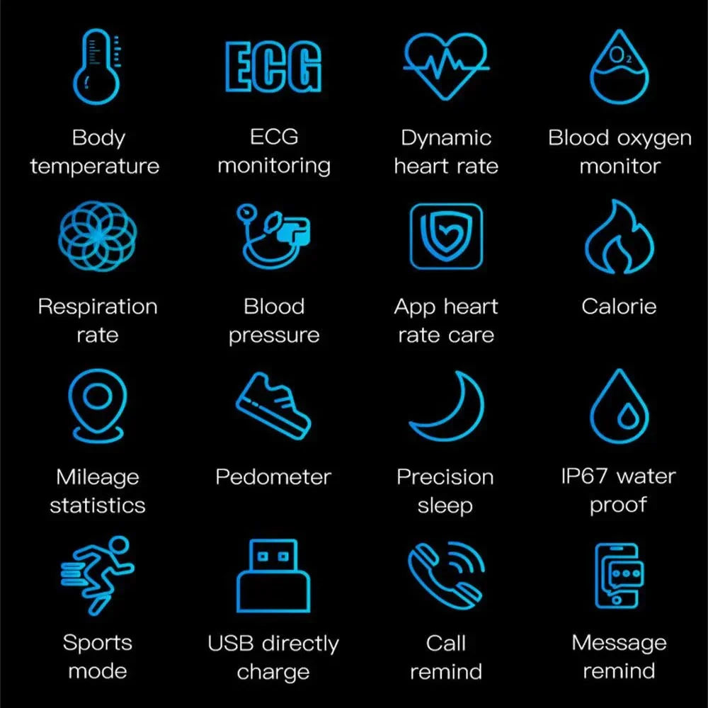 Stylish unisex smartwatch with ECG, BP, sleep tracking. A comprehensive fitness and health monitor.