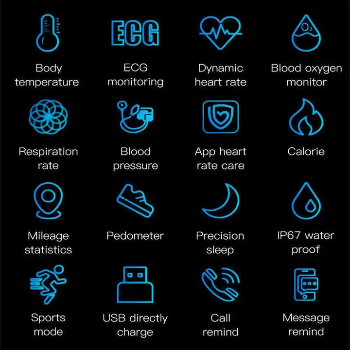 Stylish unisex smartwatch with ECG, BP, sleep tracking. A comprehensive fitness and health monitor.