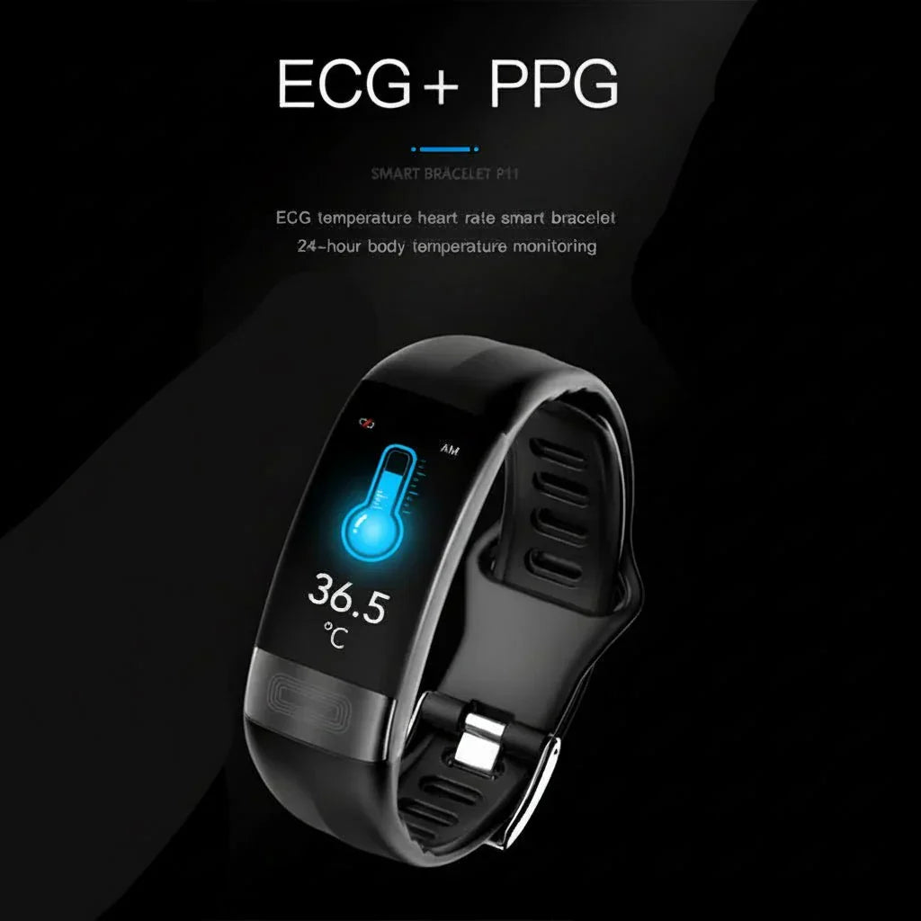 Advanced unisex health tracker. Monitors ECG, blood pressure, sleep patterns, and heart rate. Smart band.
