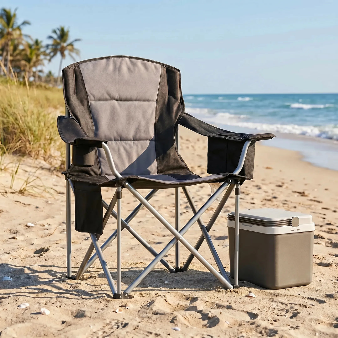 Unisex heavy-duty folding camping chair, portable & durable outdoor seating for camping, picnic, and fishing.