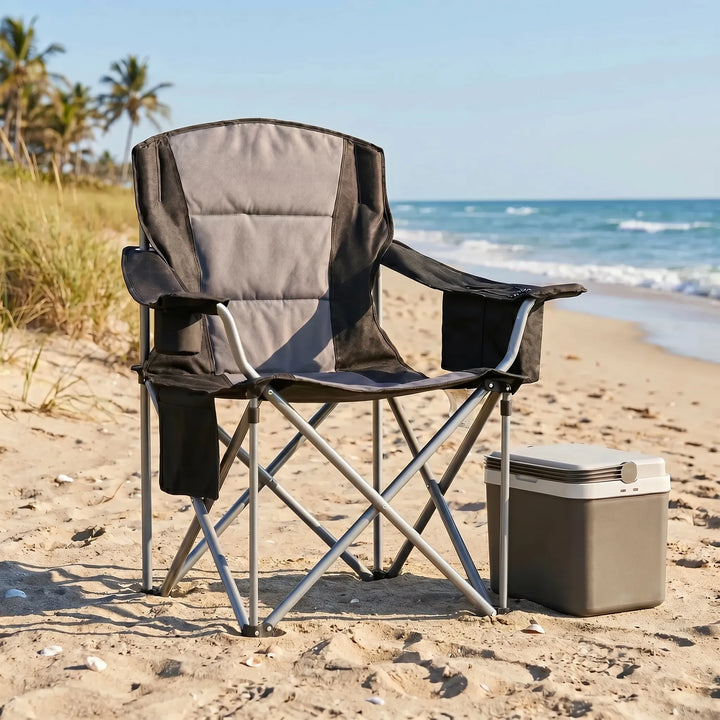 Unisex heavy-duty folding camping chair, portable & durable outdoor seating for camping, picnic, and fishing.
