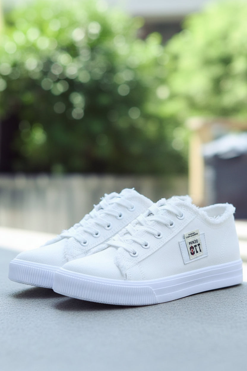 Unisex high-top lace-up sneakers in action, providing comfort and style for walking, perfect for spring fashion.