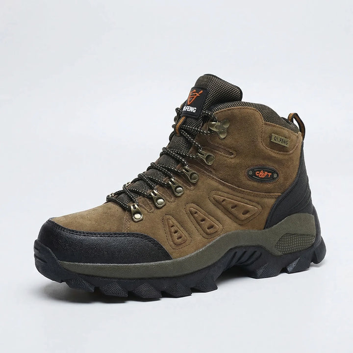 All-terrain unisex high-top hiking boots for outdoor adventure, durable lace-up trail footwear with support.