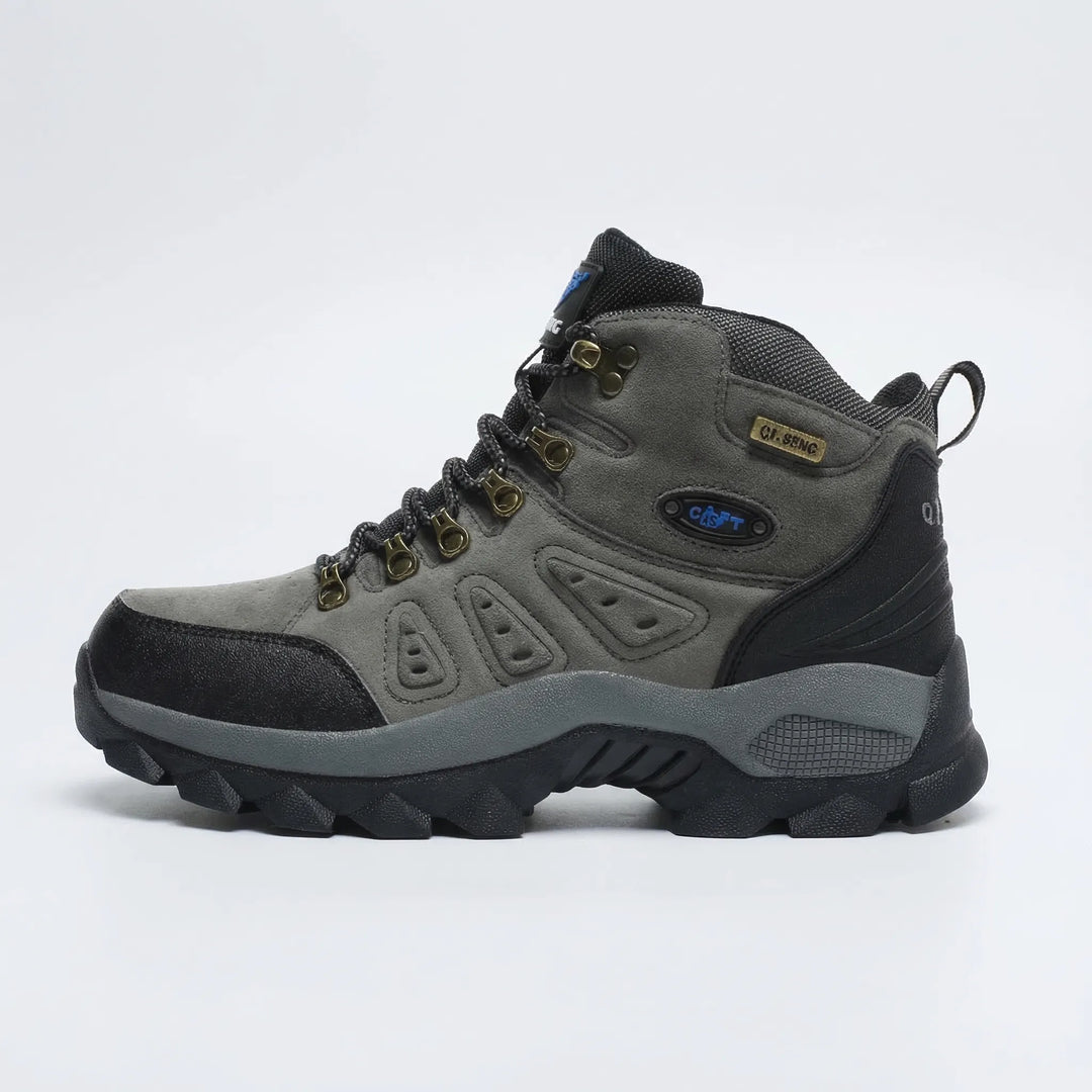 Rugged high-top lace-up hiking boots, unisex outdoor footwear for trail adventures, providing durable foot support.