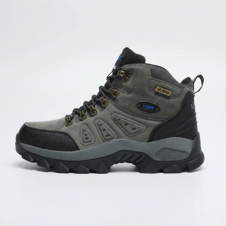 Rugged high-top lace-up hiking boots, unisex outdoor footwear for trail adventures, providing durable foot support.