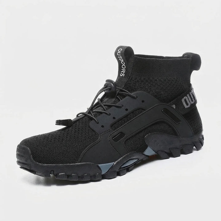 Supportive high-top unisex trail shoes, designed for excellent grip and stability on varied outdoor terrain.