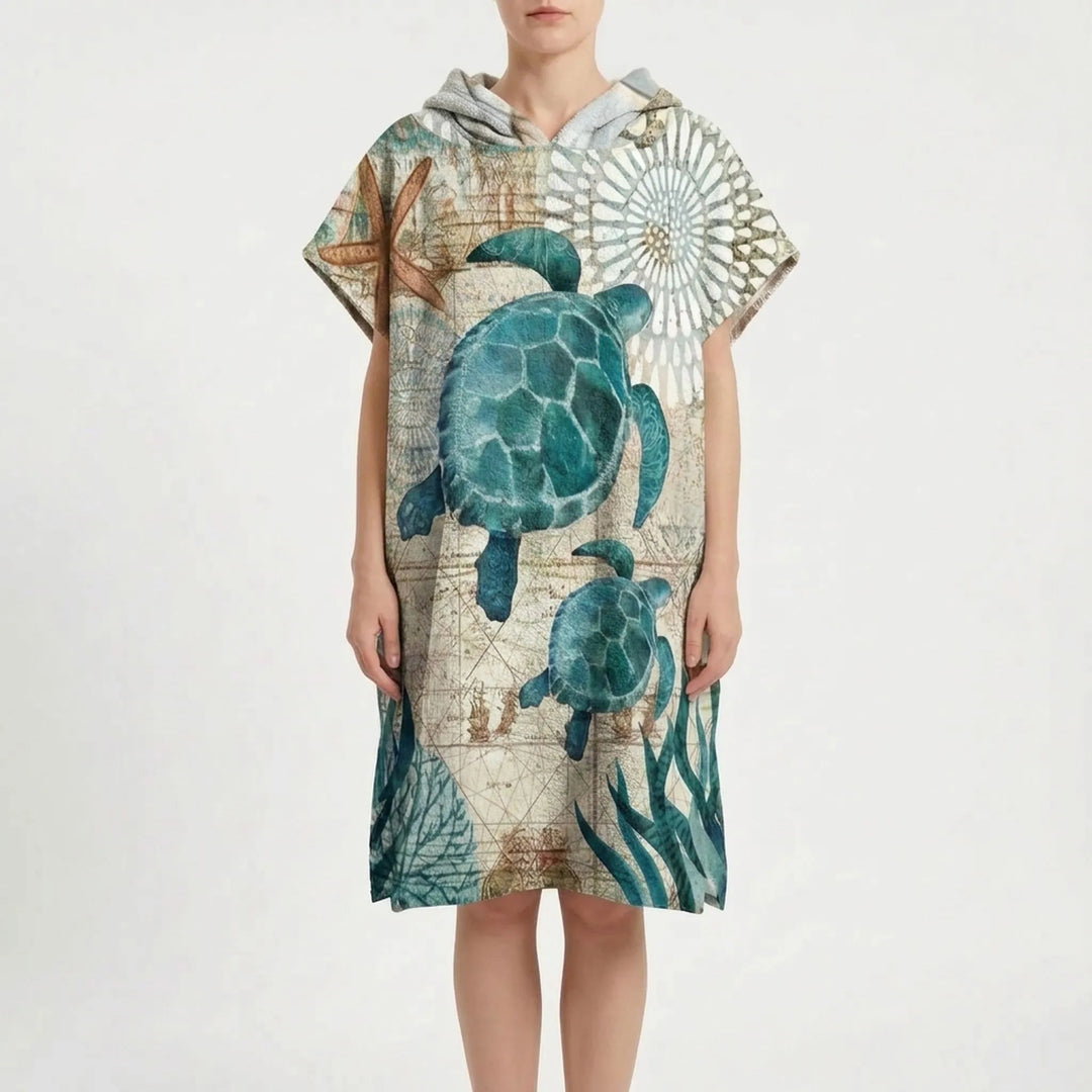 Functional hooded beach poncho with nautical design, for easy changing & drying.