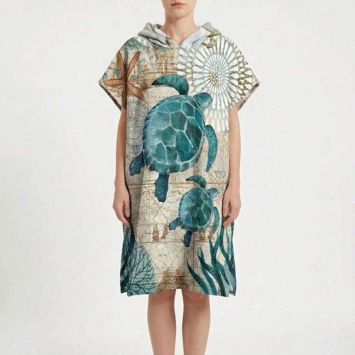 Functional hooded beach poncho with nautical design, for easy changing & drying.