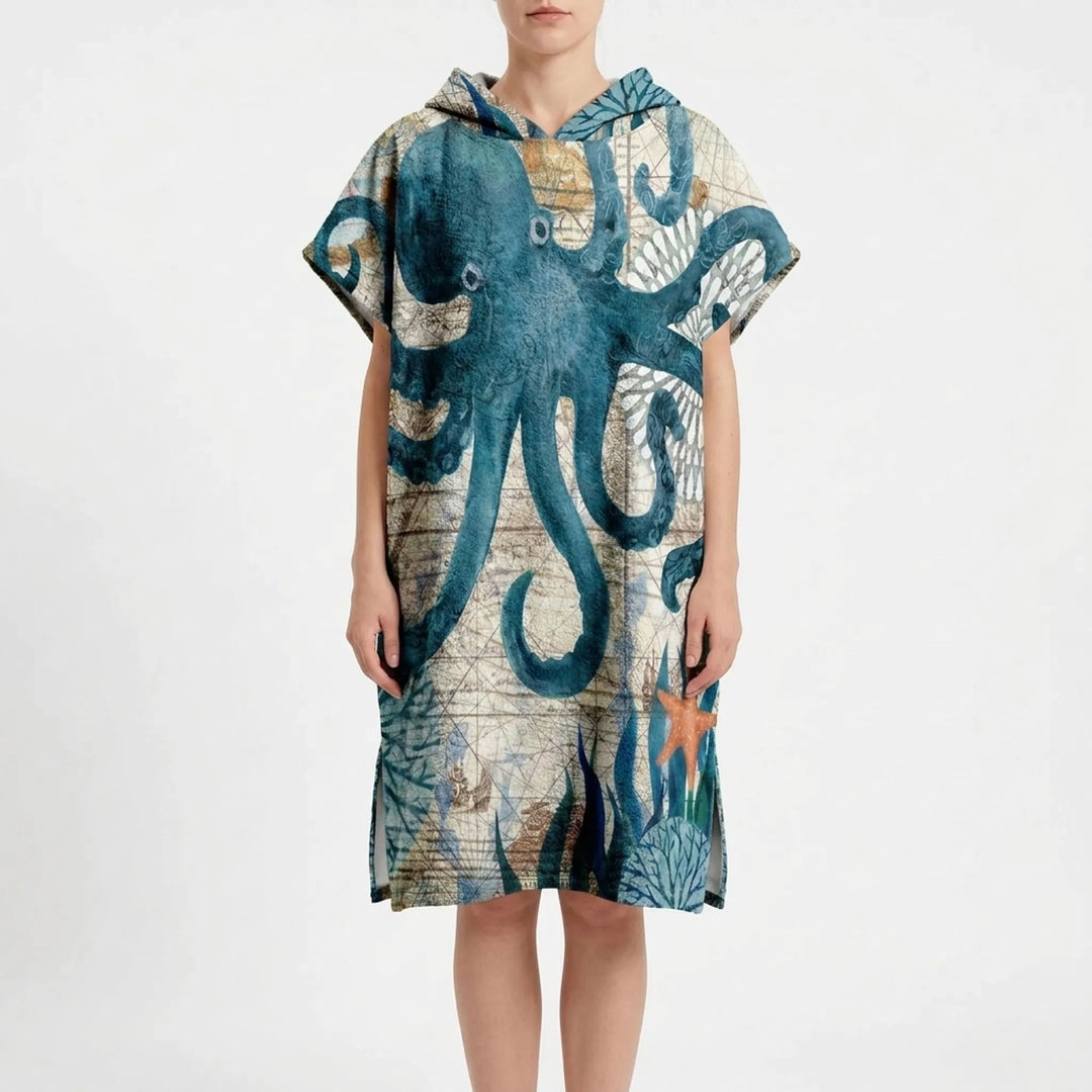 Ocean-inspired unisex hooded poncho, a practical quick-dry swim cover-up & changing robe.