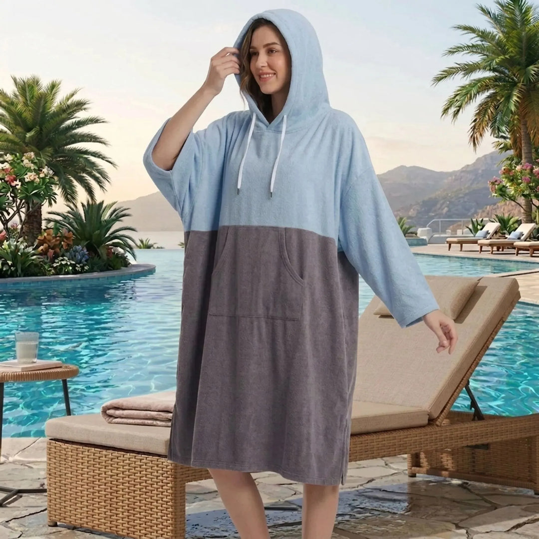 Spacious hooded changing robe for easy outdoor changing at the beach. Great surf poncho or swim cover up.