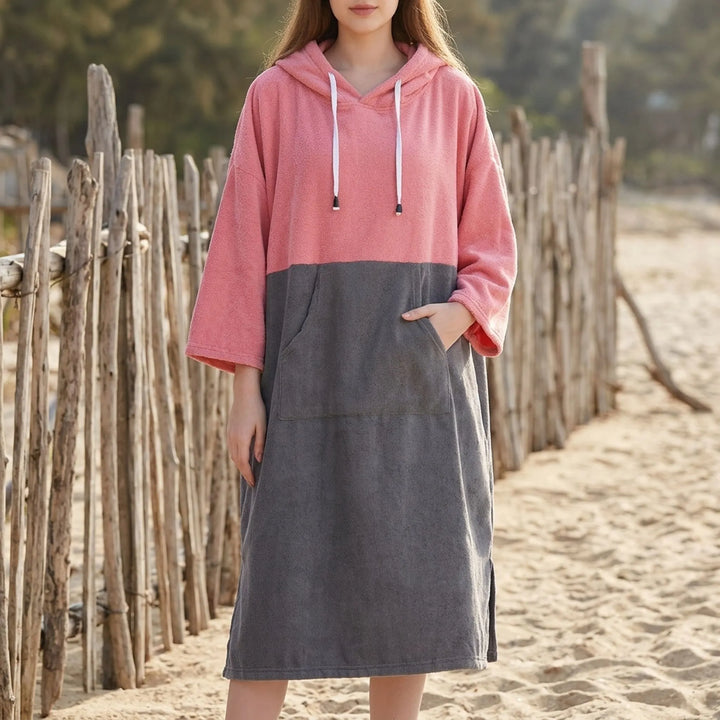 Quick-dry hooded changing robe, a practical beach poncho for discrete outdoor changing after swimming.