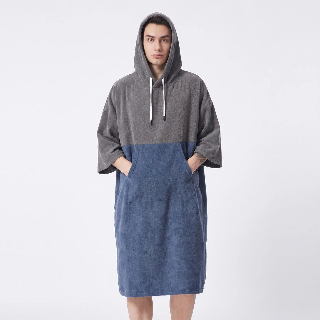 Oversized hooded changing robe, functions as a quick-dry beach towel and discreet surf poncho for changing.