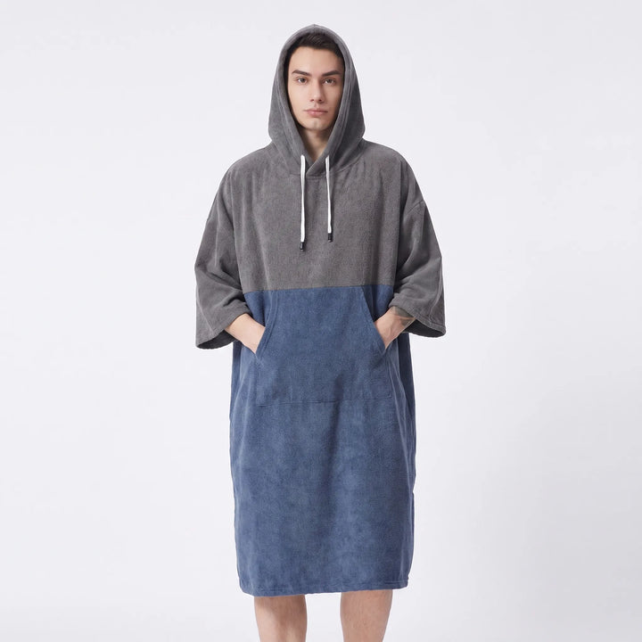 Oversized hooded changing robe, functions as a quick-dry beach towel and discreet surf poncho for changing.