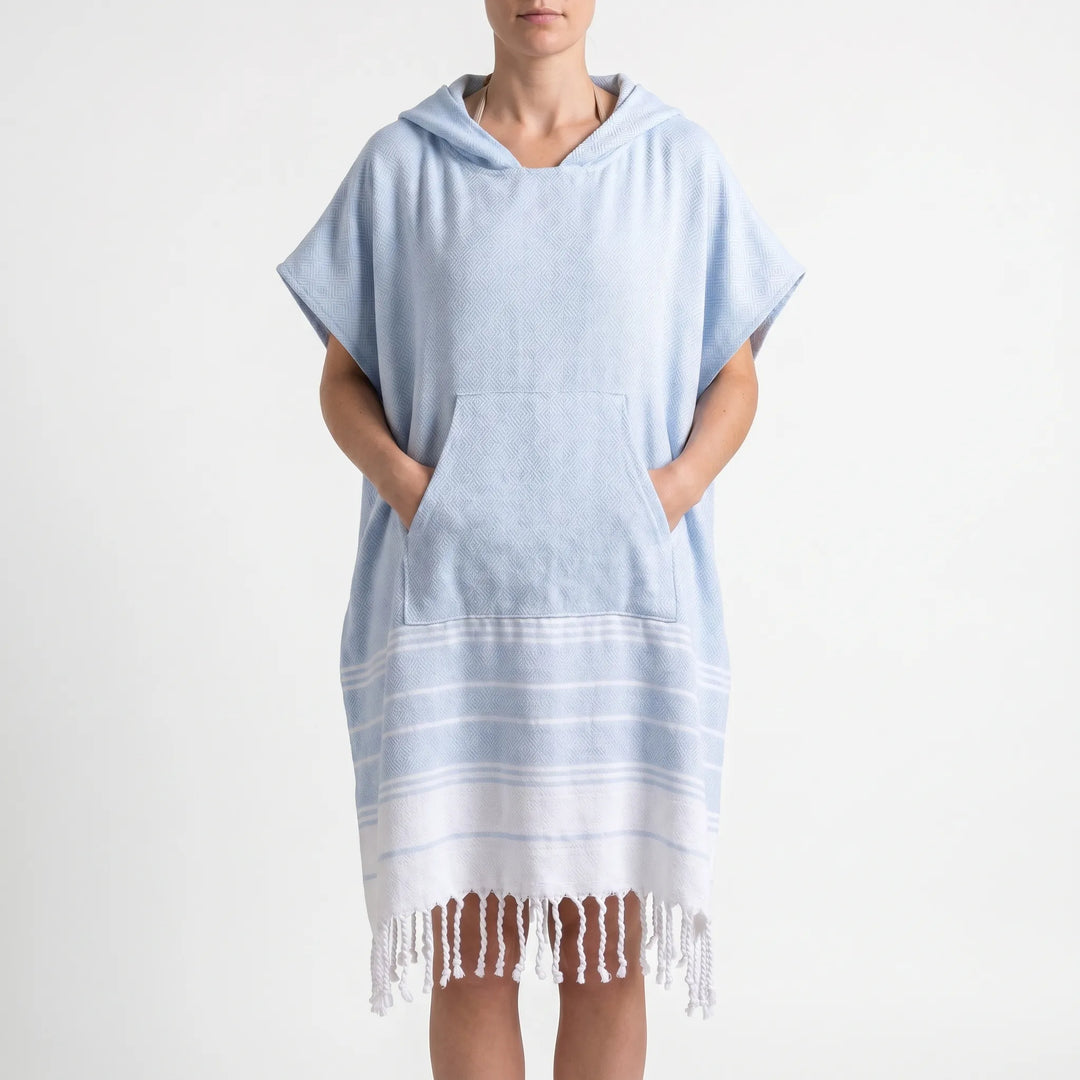 Quick-dry changing robe for beach, surf, or pool. This unisex hooded towel provides privacy.