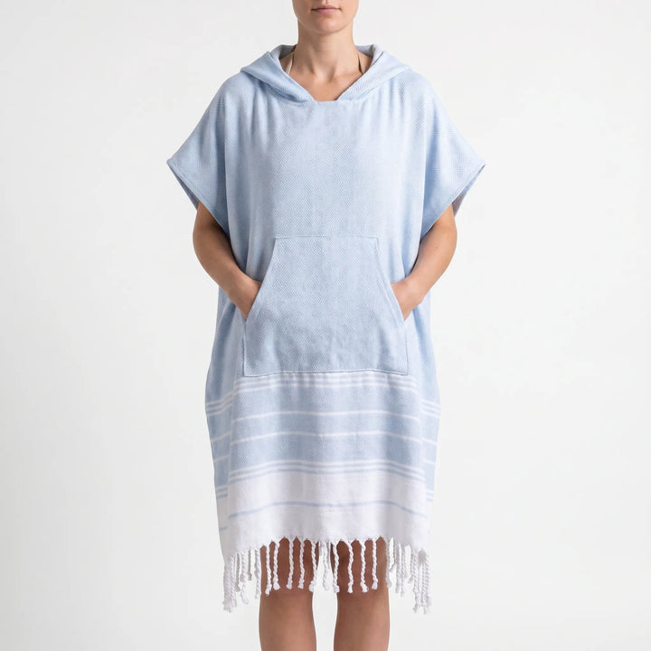 Quick-dry changing robe for beach, surf, or pool. This unisex hooded towel provides privacy.