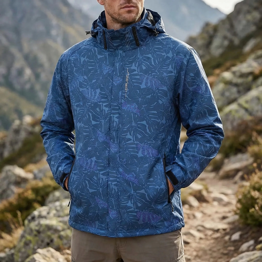 Unisex hooded full-zip windbreaker jacket with vibrant botanical print, ideal for hiking & casual wear.