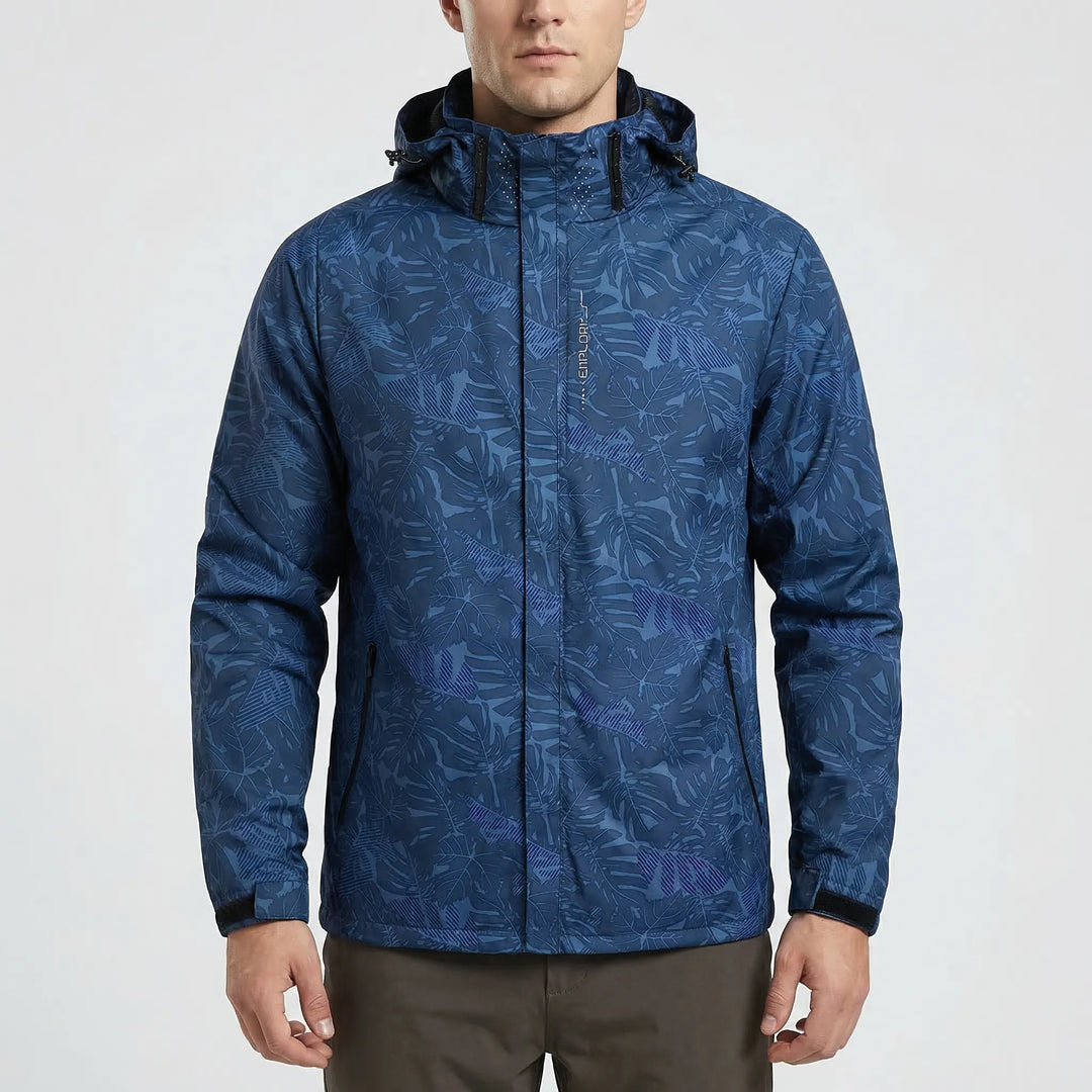 Detailed view of the vibrant botanical print and full-zip design on a unisex hooded windbreaker jacket.