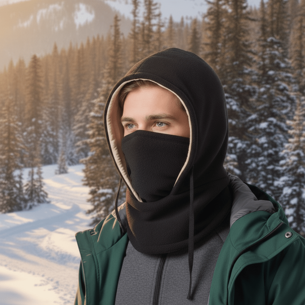 Unisex hooded neck gaiter in black, perfect for cold weather skiing, cycling & hiking adventures.