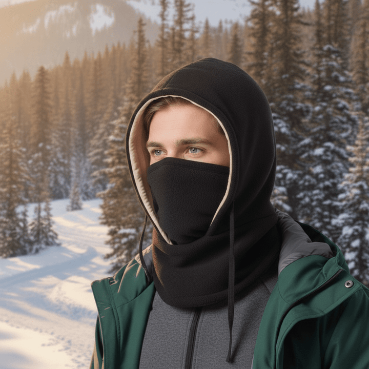 Unisex hooded neck gaiter in black, perfect for cold weather skiing, cycling & hiking adventures.