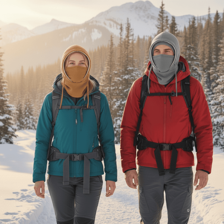 All-weather hooded neck warmer and face mask for men & women, ideal windproof winter protection.