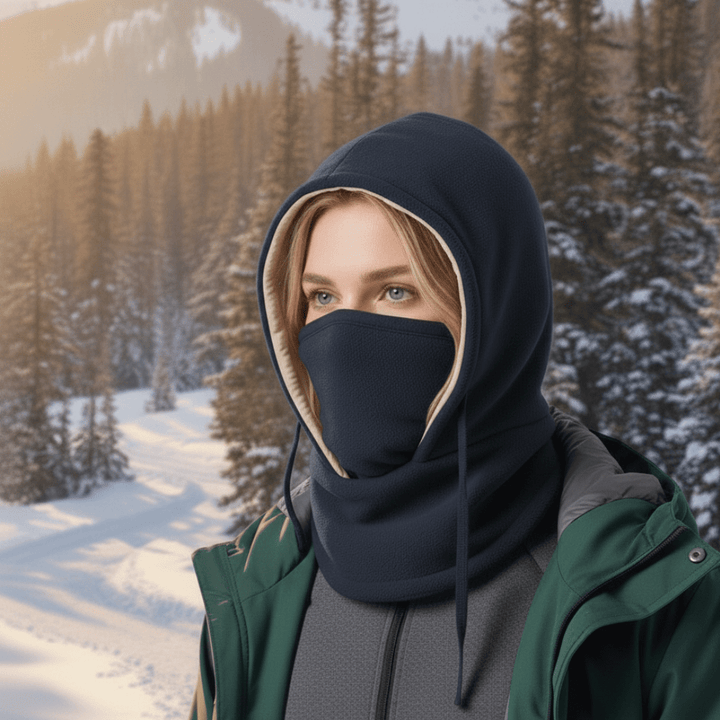Black windproof hooded neck gaiter providing full face and neck protection for winter outdoor activities.