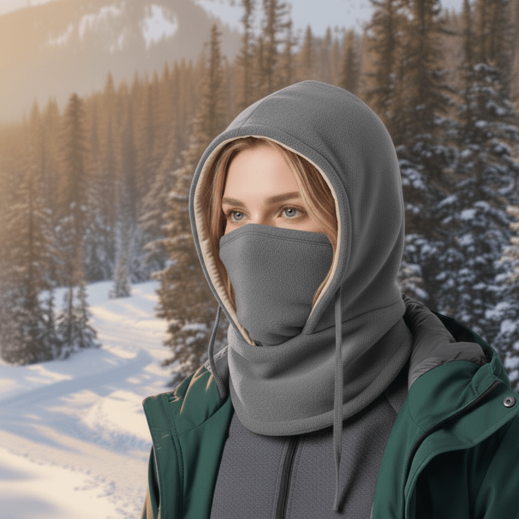 Model wearing a grey unisex hooded neck gaiter, suitable for cold weather hiking, cycling, and winter sports.