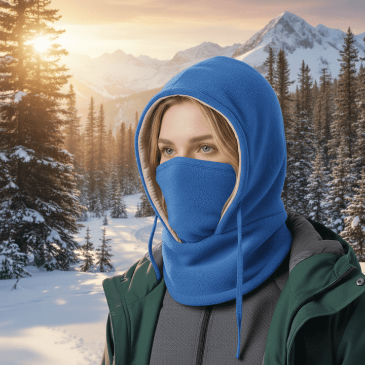 Close-up of a durable all-weather neck gaiter, designed as a hooded face mask for ultimate cold protection.