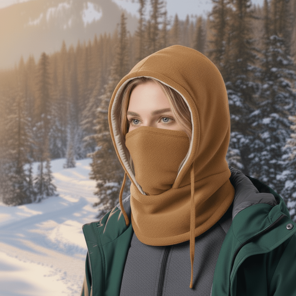 Hooded neck gaiter for winter adventures, a warm and windproof headwear accessory for men and women.