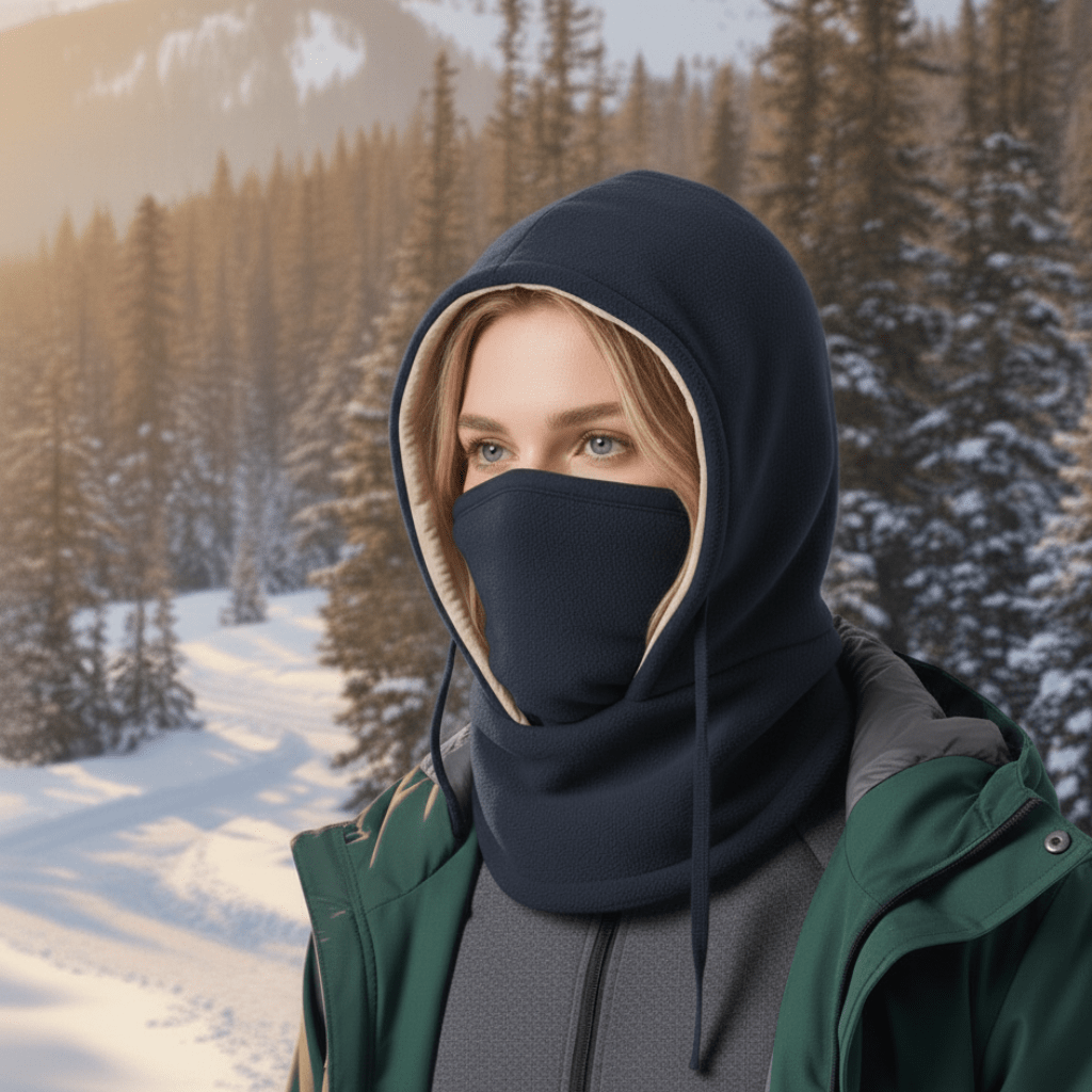 Person enjoying nature while wearing a black hooded neck gaiter, offering warmth and protection from cold winds.
