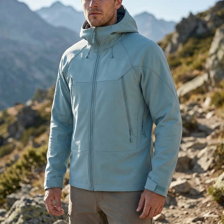 Unisex hooded soft-shell outdoor jacket for all seasons. Perfect hiking & adventure wear.