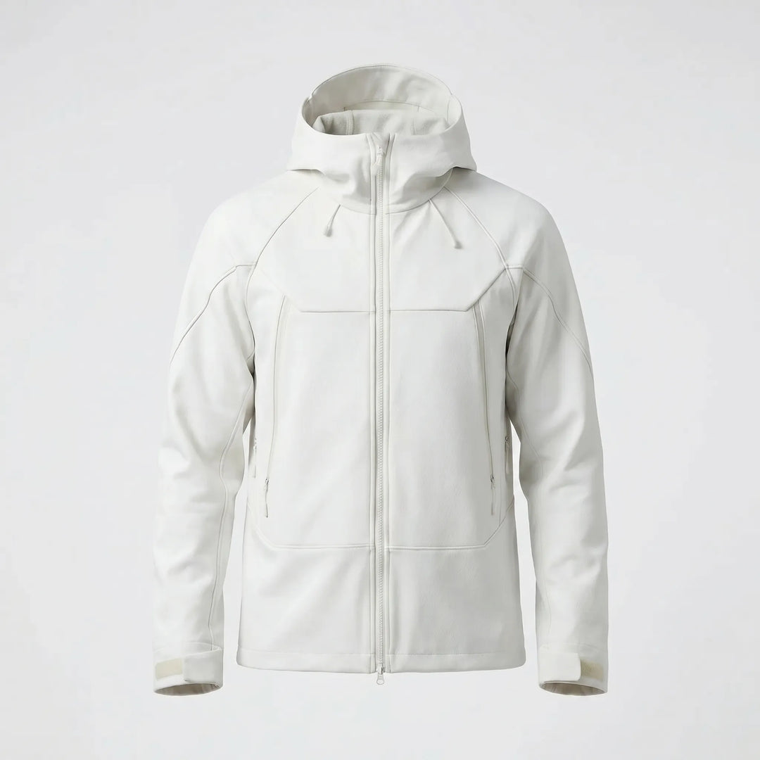 Couple enjoying nature in unisex hooded soft-shell outdoor jackets. All-season activewear for adventures.
