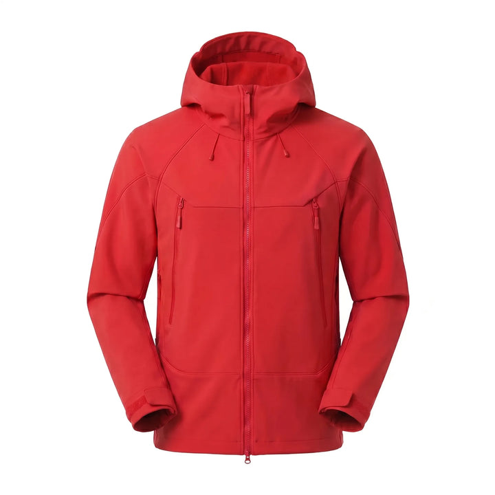 High-quality soft-shell material unisex hooded jacket. Durable, windproof outdoor gear for trekking.