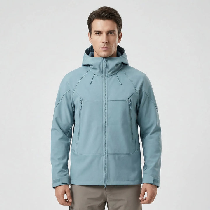 Windproof, water-resistant unisex hooded soft-shell jacket. Ideal activewear for outdoor trekking.