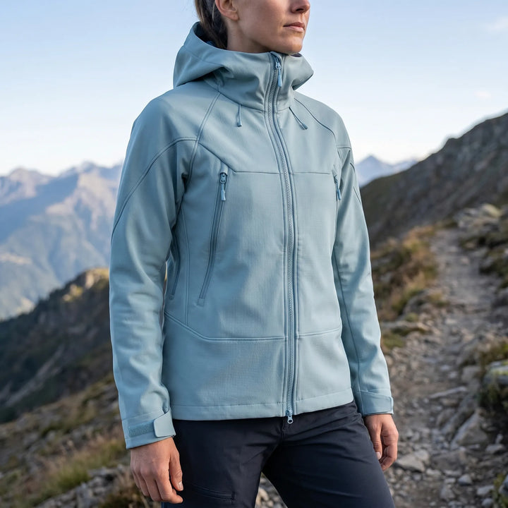 All-season unisex hooded soft-shell jacket. Durable outerwear for camping, hiking, & adventures.